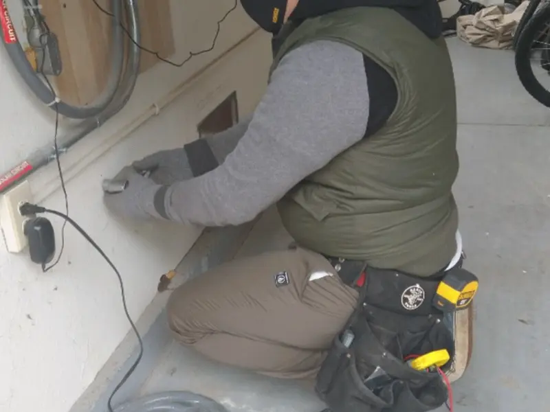 Electrician performing outlet wiring in a Comstock garage
